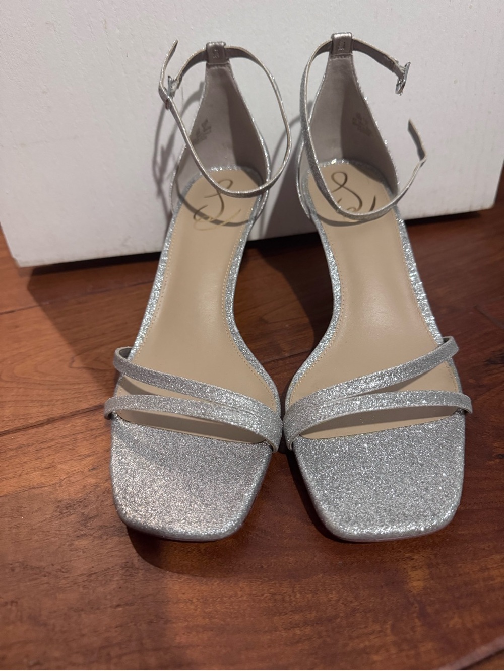 Sam Edelman Silver Glitter Strappy Ankle‑Buckle Sandals